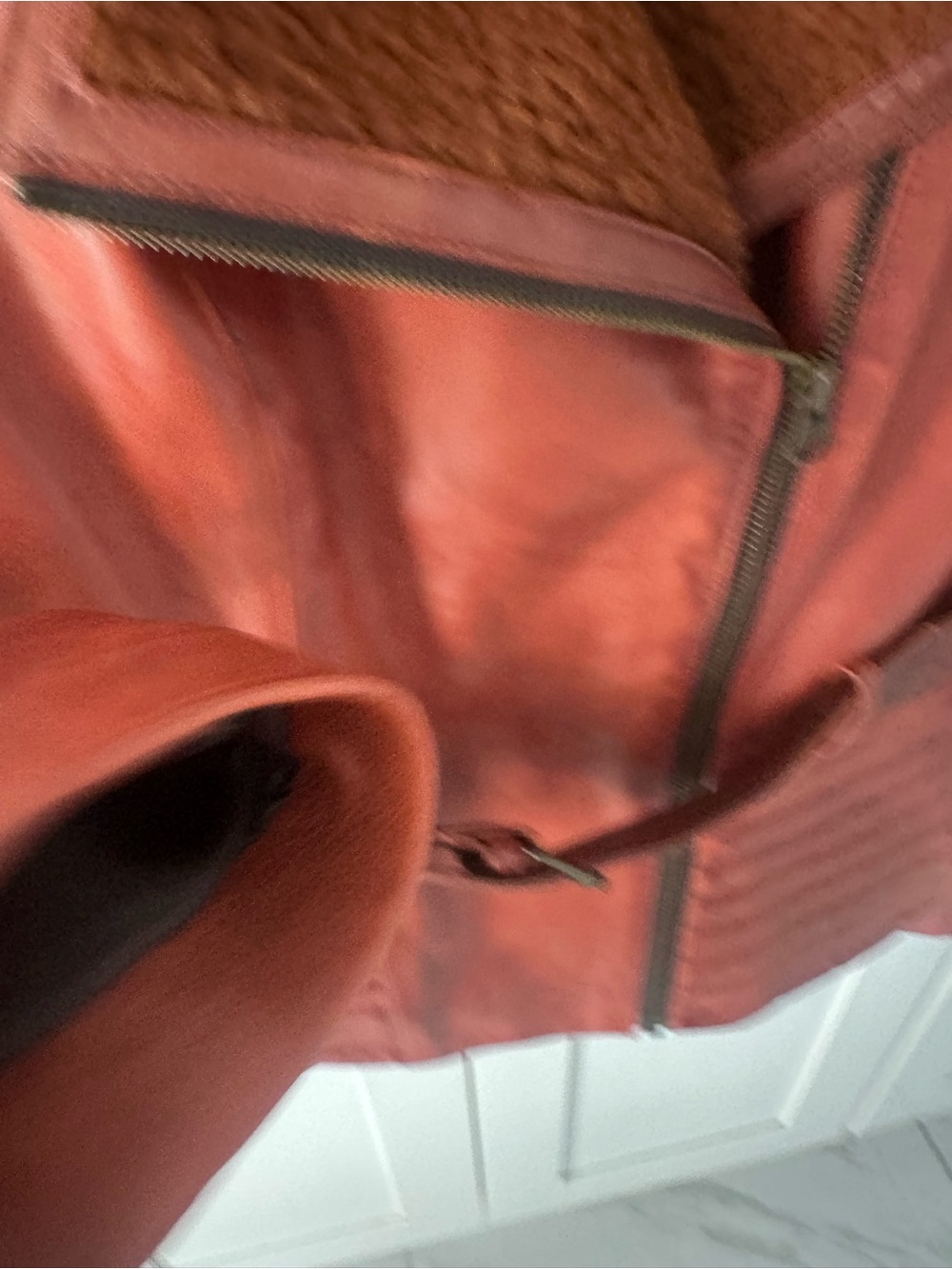 Women's Red Leather Moto Jacket with Shearling Collar - Picture 4 of 9